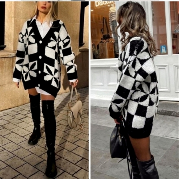 NEW * Zara Black White Checkered Knit Jacquard Chunky Knit Oversized Cardigan - Picture 4 of 16